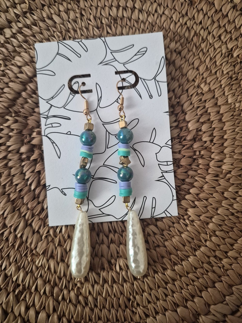 Handmade Teal and Pearl Drop Beaded Earrings